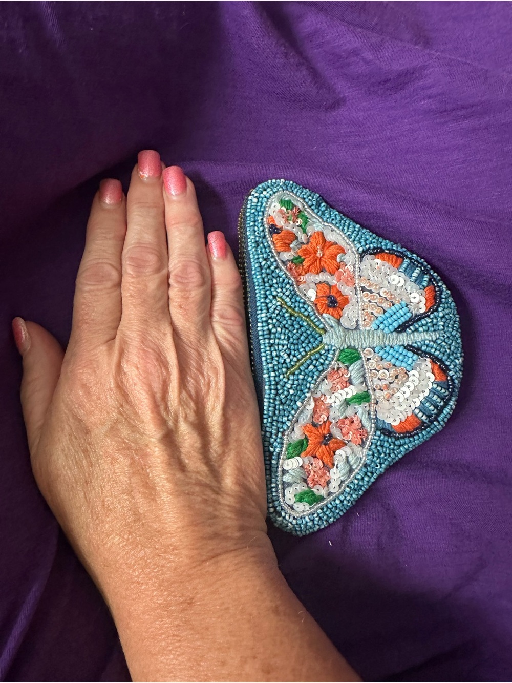Beaded Butterfly Coin Purse - Turquoise and Orange - Picture 3 of 5